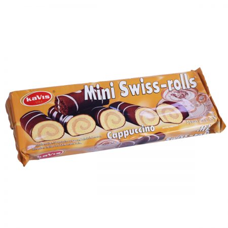 Verpakking van Kavis Mini Swiss Rolls Cappuccino 175g - zachte cake rolletjes met romige cappuccinosmaak