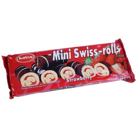 Verpakking van Kavis Mini Swiss Rolls Aardbei 175g - zachte cake rolletjes met romige aardbeivulling