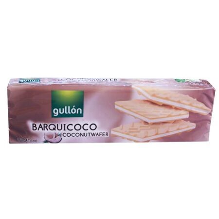 Verpakking van Gullón kokos wafels 150g - knapperige koekjes met romige kokosvulling