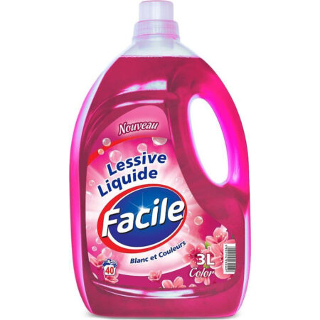 Ervaar de bloemige frisheid van Facile vloeibaar wasmiddel. De 3L verpakking zorgt voor langdurige frisheid en effectieve reiniging van uw wasgoed.