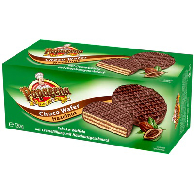 Papagena Wafels Met Cremevulling Met Hazelnootsmaak Omhuld Met Chocolade 120g