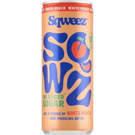 Blikje Sqweez White Peach 250 ml frisdrank met witte perzik