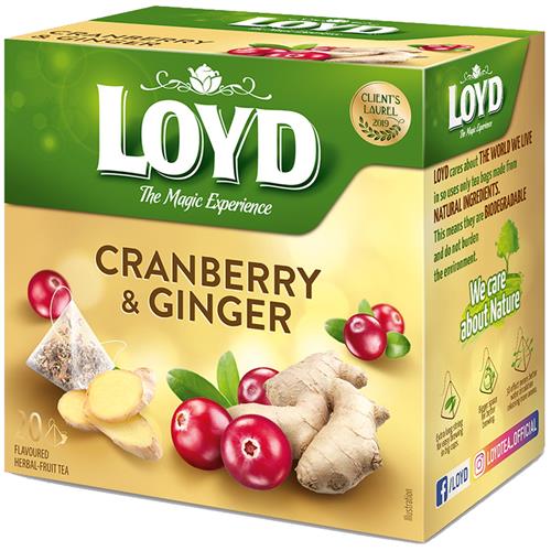 Loyd Fruitthee Cranberry & Ginger – 20 Pyramide Theezakjes – Cranberry & Gembersmaak