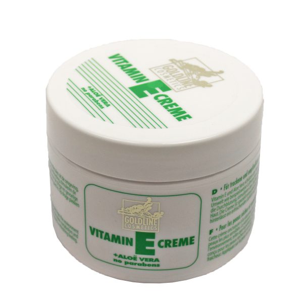 Goldline Cosmetics Vitamin E Crème 250ml in een witte pot met gouden details.