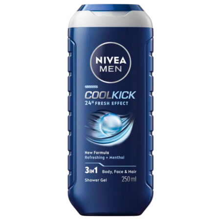 Nivea Men Cool Kick Douchegel 250ml 3-in-1 met menthol voor lichaam gezicht en haar in blauwe flacon