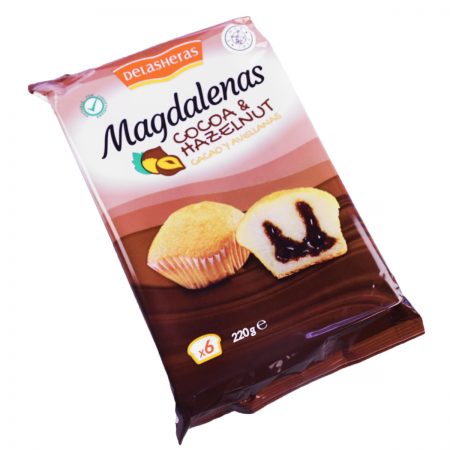 Verpakking van Delasheras cakejes chocolade hazelnoot 220g - zachte chocolade hazelnootcakejes