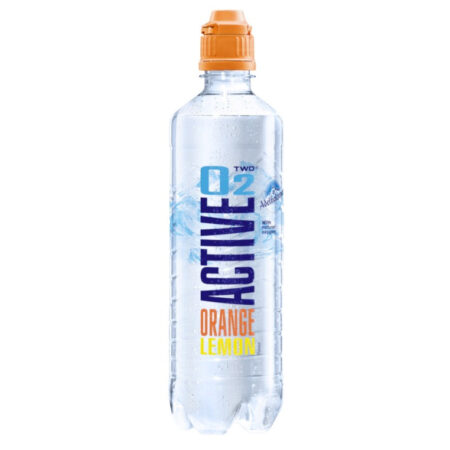 Active O2 Orange Lemon 500ml zuurstofwater met sinaasappel- en citroensmaak in transparante fles met oranje sportdop