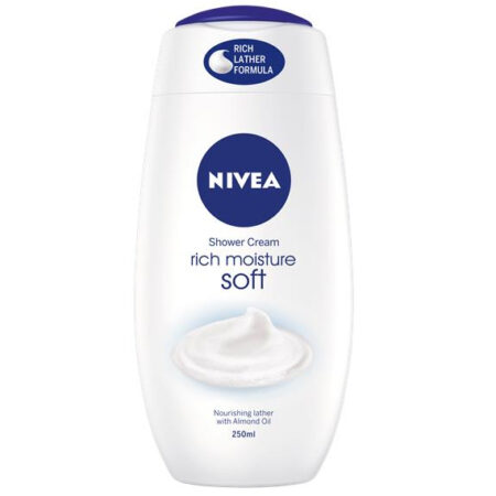 Nivea Rich Moisture Soft Douchecrème 250ml met amandelolie in witte flacon met blauwe dop