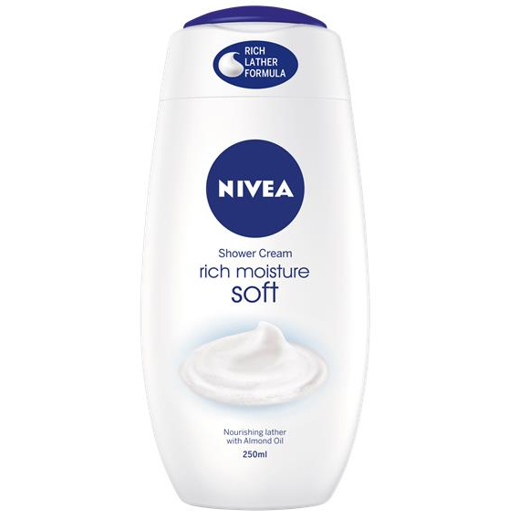 Nivea Rich Moisture Soft Douchecrème 250ml met amandelolie in witte flacon met blauwe dop