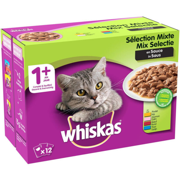 Whiskas Maaltijdzakjes Mix Selectie In Saus 1+ jaar 12x100gr
