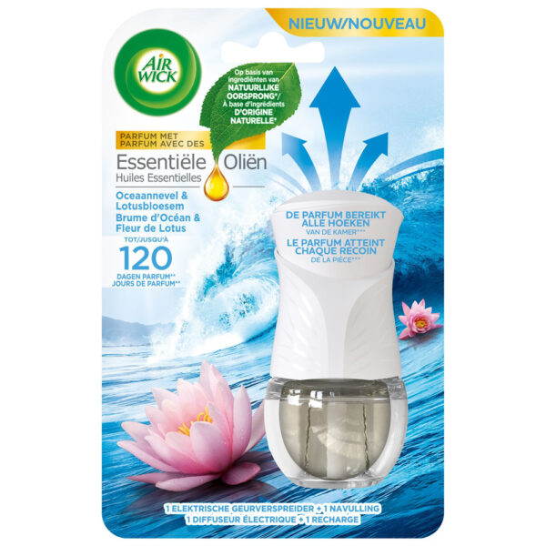 Airwick Geurverspreider & Navulling 19ml - Oceaannevel & Lotusbloemen - Elektrisch - Essentiële Oliën - 120 Dagen Parfum