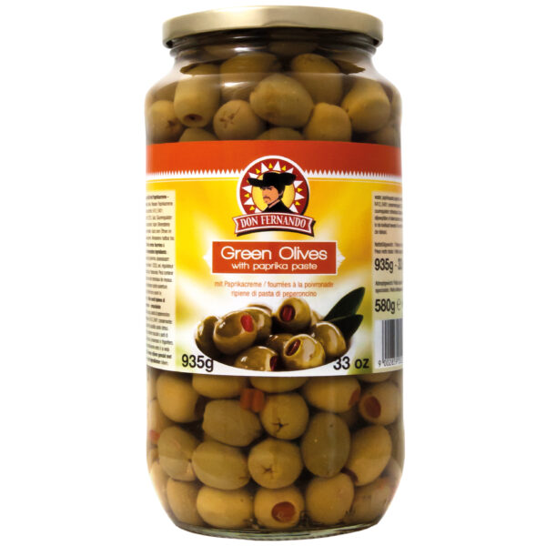 Don Fernando Groene Olijven Met Vulling Van Pikante Paprika – Bokaal – 920g – Vegan - Afbeelding 3