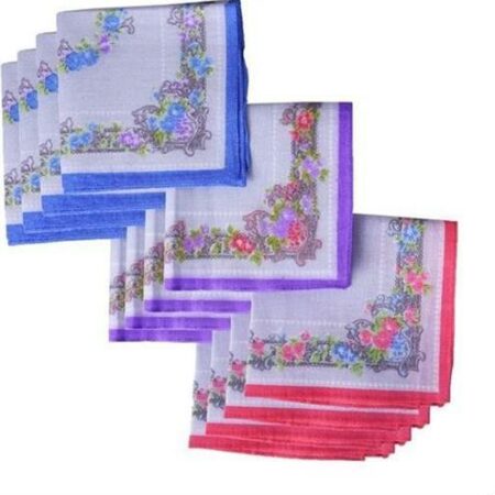 12 Dames Zakdoeken Bloemetjes & Gekleurde Rand - 100% Katoen - 30x30cm.