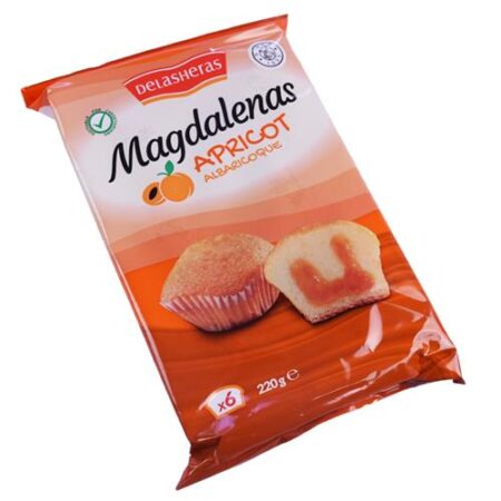 Verpakking van Delasheras cakejes abrikoosvulling 220g - zachte cakes met abrikozenjam