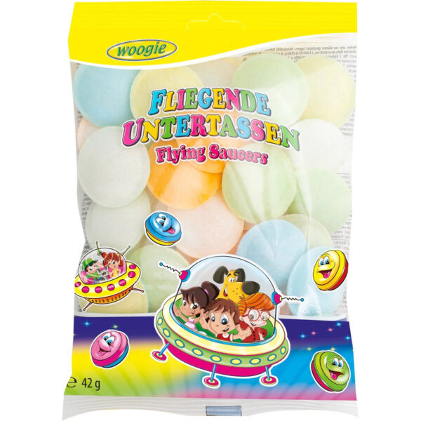 Zakje Woogie UFO Snoep 42g – licht en knapperig schuimsnoep met zure vulling