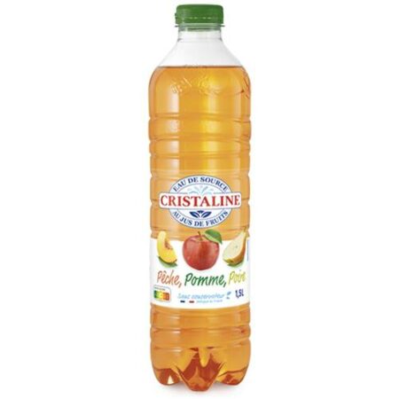 Fles Cristaline Perzik Appel Peer 1,5L – Fruitig bronwater met perzik, appel en peer