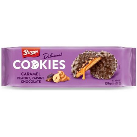 Bergen Cookies Caramel, Hazelnut, Raisins & Chocolate 130g