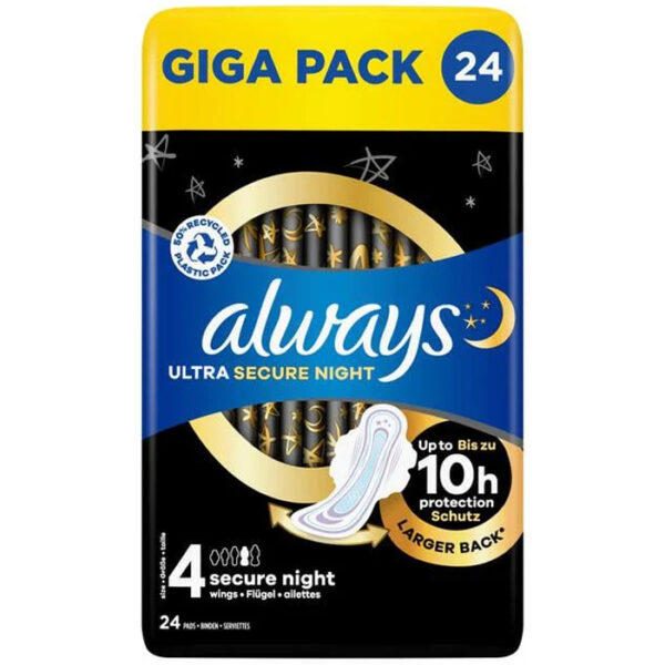Always Maandverband Ultra Sure 24 Stuks – Maat 4 Secure Night – Met Vleugels