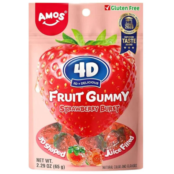 Amos 4D Fruit Gummy Strawberry Burst 65g - Gummy Snoepjes Met Aardbeismaak - Afbeelding 2