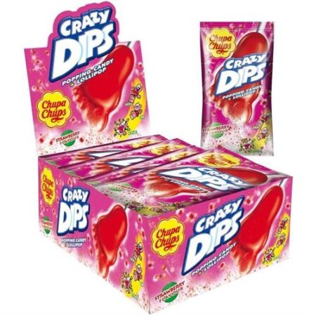 Chupa Chups Crazy Dips Aardbei Smaak 24 x 14g – Lolly Met Knetterpoeder Aardbeismaak – 24 Stuks