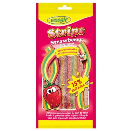 Woogie Zure Aardbei Strips 80g – Zuren Matten Met Aardbeismaak - 15% Vruchtensap