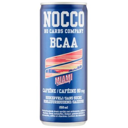 Nocco Energy Drink Miami Strawberry 250ml – Sleek Blikje – Suikervrij – BCAA