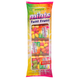 Woogie Muntjes Tutti Frutti 4 x 16g - Tutti Frutti Smaak - Apart Verpakt