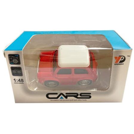 Modelauto rood schaal 1:48 – metalen miniatuur met witte dakdrager
