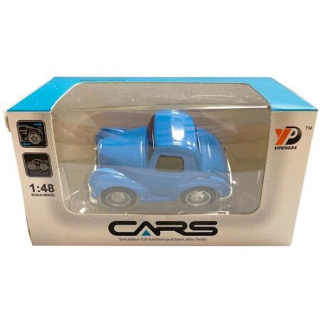Modelauto blauw schaal 1:48 – metalen pull-back miniatuurauto in vensterdoos