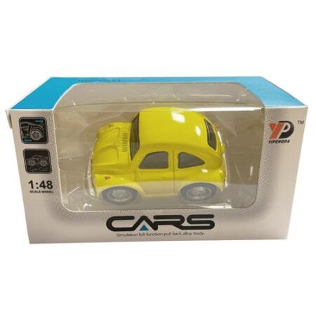 Modelauto geel schaal 1:48 – die-cast pull-back auto in blisterdoos