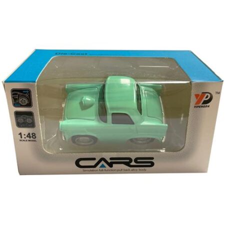 Modelauto groen schaal 1:48 – die-cast pull-back auto in blisterdoos