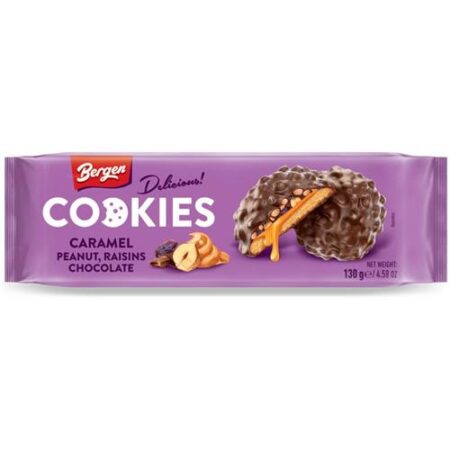 Bergen Cookies Caramel, Hazelnut, Raisins & Chocolate 130g