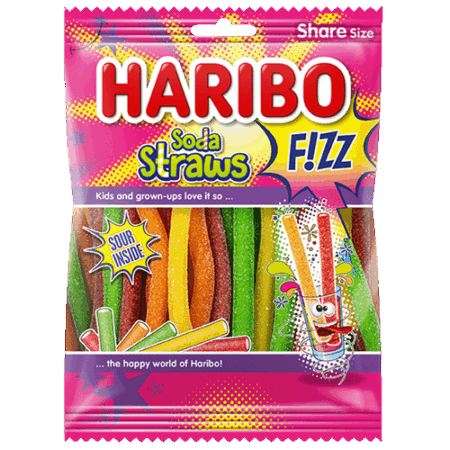 Haribo Soda Straws F!ZZ 180 g – kleurrijke zure snoepstokjes met frisdranksmaak in share size verpakking