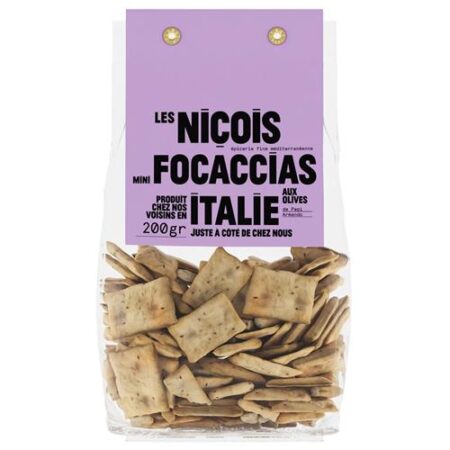 Les Nicois mini focaccias met olijven 200 g verpakking