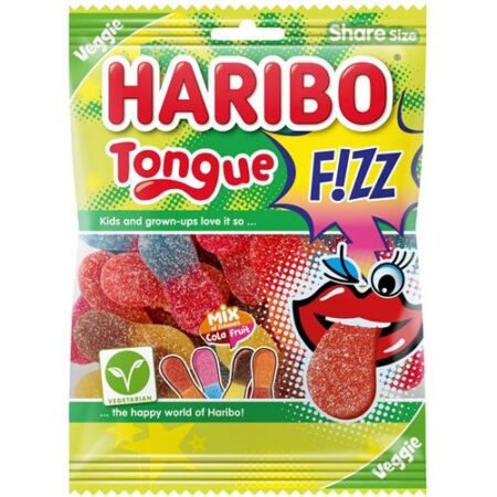Zak Haribo Tongue F!ZZ 185 g – zure fruittongen met fruitaroma, geschikt voor vegetariërs