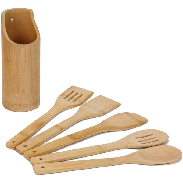 Cheffinger bamboe keukengerei set 6-delig met standaard – duurzaam kookgerei - Afbeelding 2