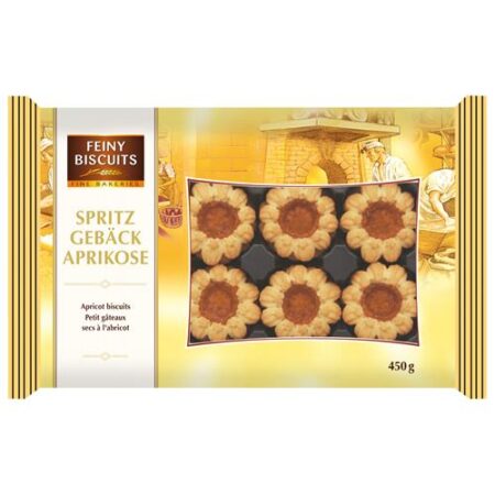 Feiny Biscuits spritskoekjes met abrikozenvulling 450g verpakking