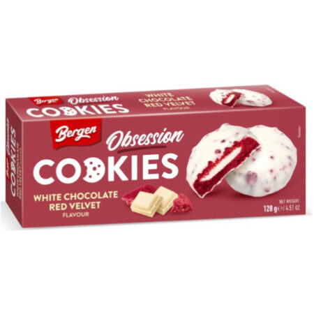 Bergen Cookies White Chocolate Red Velvet – 128g – Luchtige Koekjes met Witte Chocolade