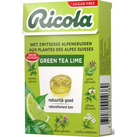 Ricola Green Tea Lime Suikervrij 50g – Kruidenpastilles met groene thee en limoen