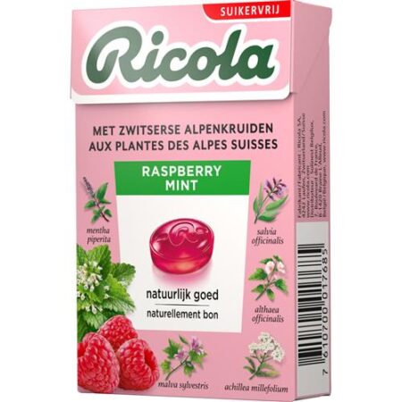 Ricola Raspberry Mint Suikervrij 50g – Framboos & munt kruidenpastilles met Alpenkruiden