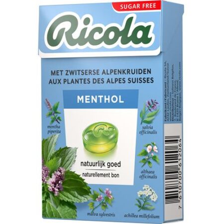 Ricola Menthol Suikervrij 50g – Verfrissende kruidenpastilles met eucalyptus en menthol