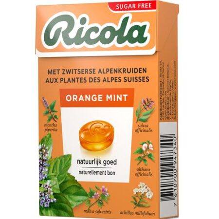 Ricola Orange Mint Suikervrij 50g – Verfrissende kruidenpastilles met sinaasappel en munt