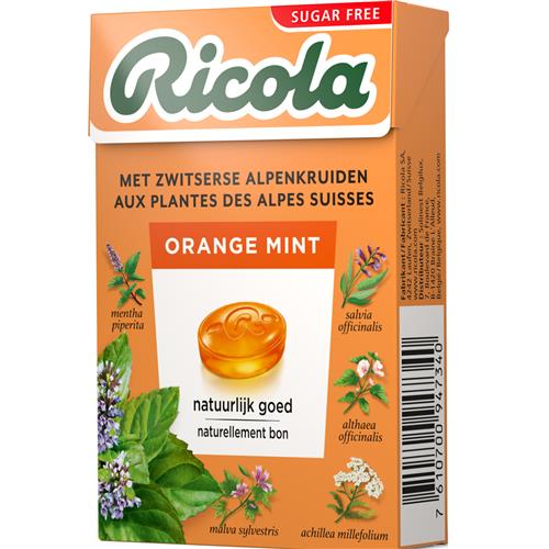 Ricola Orange Mint Suikervrij 50g – Verfrissende kruidenpastilles met sinaasappel en munt