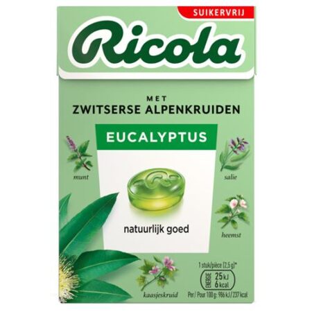 Ricola Eucalyptus Suikervrij 50g – Verkoelende kruidenpastilles met menthol en eucalyptus
