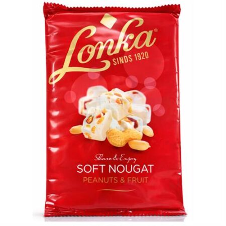 Lonka Soft Nougat Peanuts & Fruit 170g verpakking met zachte nougat, pinda’s en fruitstukjes