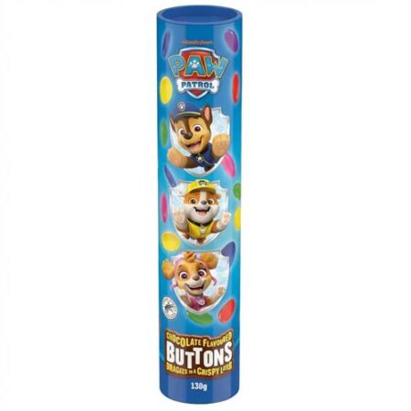 Paw Patrol chocolate buttons 130g in blauwe koker met kleurrijke chocolade dragees