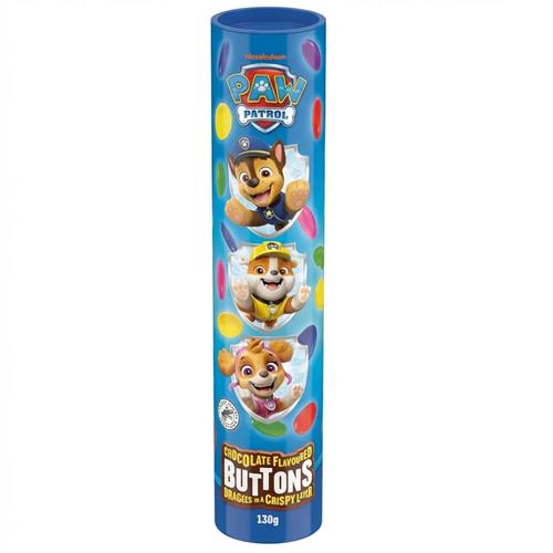 Paw Patrol chocolate buttons 130g in blauwe koker met kleurrijke chocolade dragees