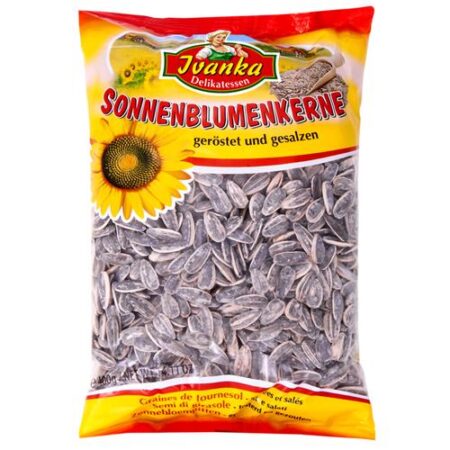 Ivanka zonnebloempitten geroosterd en gezouten 200g verpakking met zonnebloemillustratie en doorzichtige zak met pitten
