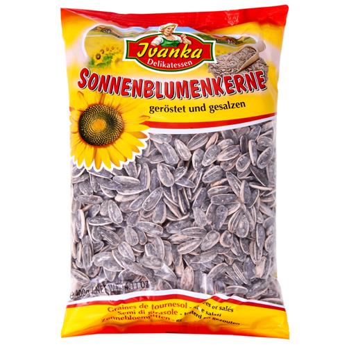 Ivanka zonnebloempitten geroosterd en gezouten 200g verpakking met zonnebloemillustratie en doorzichtige zak met pitten
