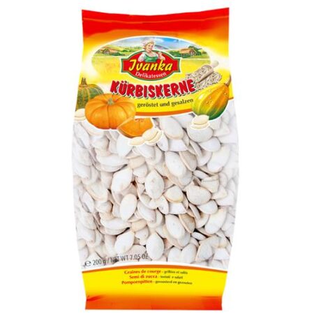 Ivanka pompoenpitten geroosterd en gezouten 200g verpakking met witte pompoenzaden